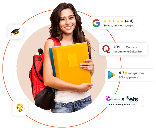 Galvanize student ratings: 4.4 stars from 200+ Google ratings, 70% of Quorans recommend Galvanize, 4.7 stars from 20k+ app users, and Galvanize in partnership with ETS since 2018